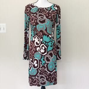 Milly Bergdorf Goodman Silk Bell Sleeves Brown Green Dress Women's Size S